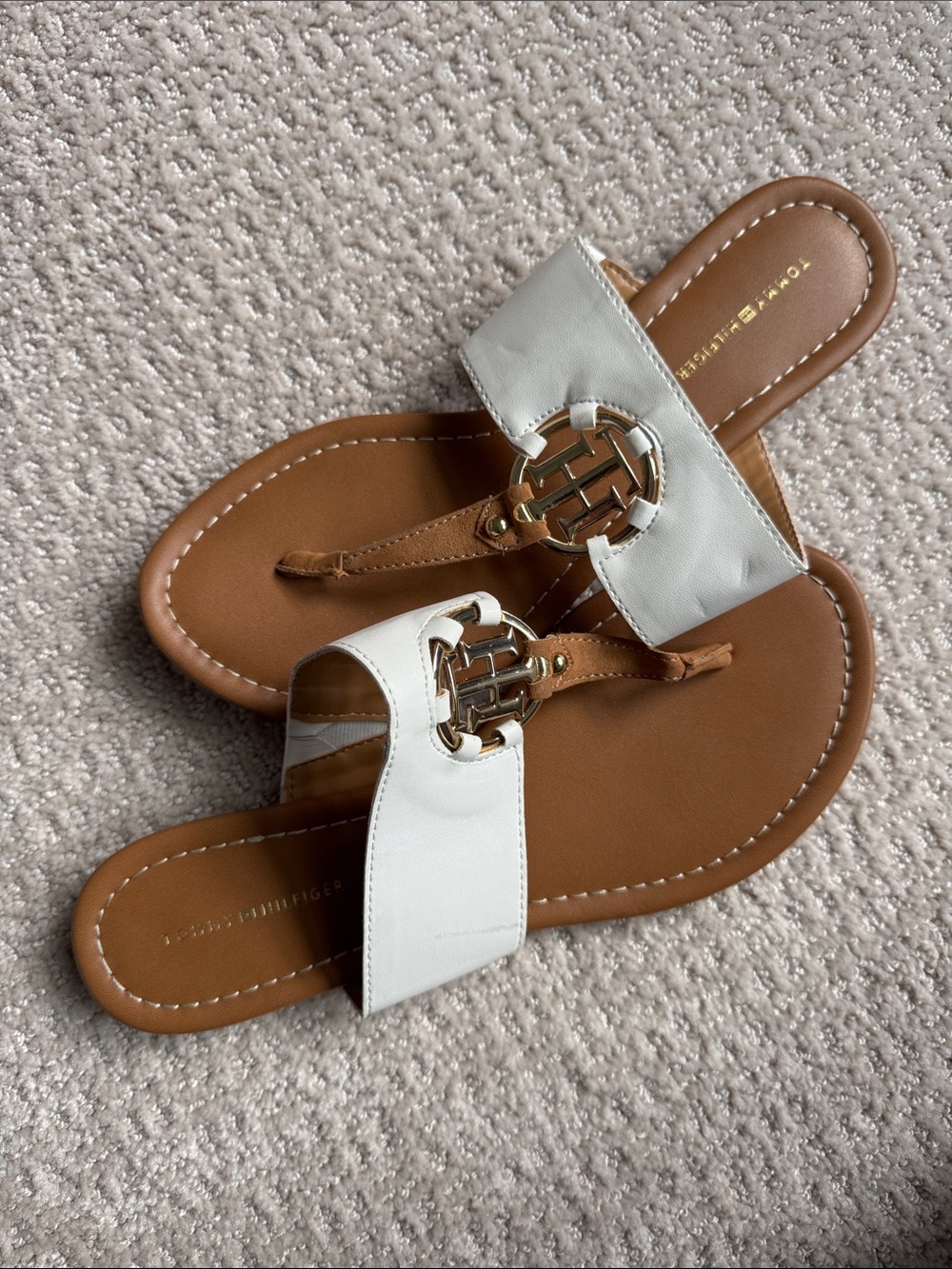 Tommy Hilfiger White and Tan Logo Thong Sandals